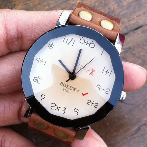 Retro analog style watch with equations for number such as 2x3 for 6